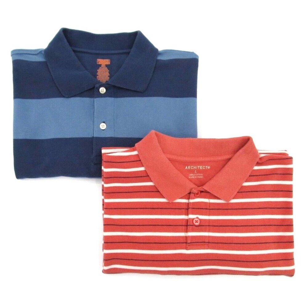 Lot of 2 Polo Shirts Mens Large Blue Orange Striped Short Sleeve Pique Knit Golf